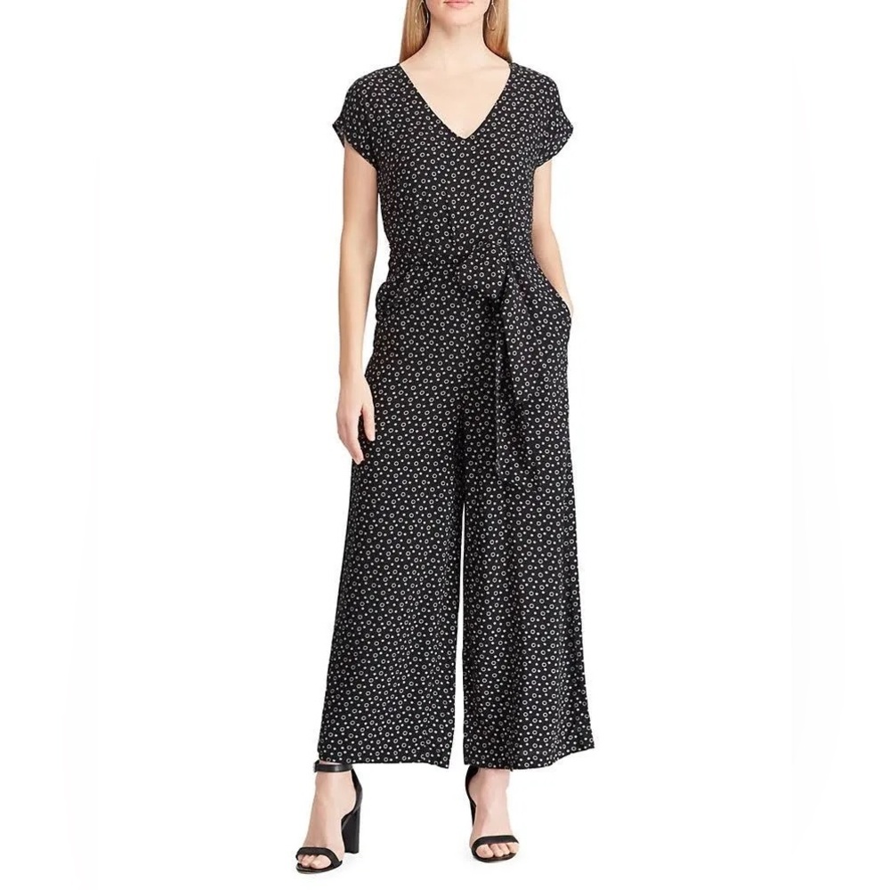 Chaps V-Neck Black and White Patterned Jumpsuit with Tie Waist Size 14